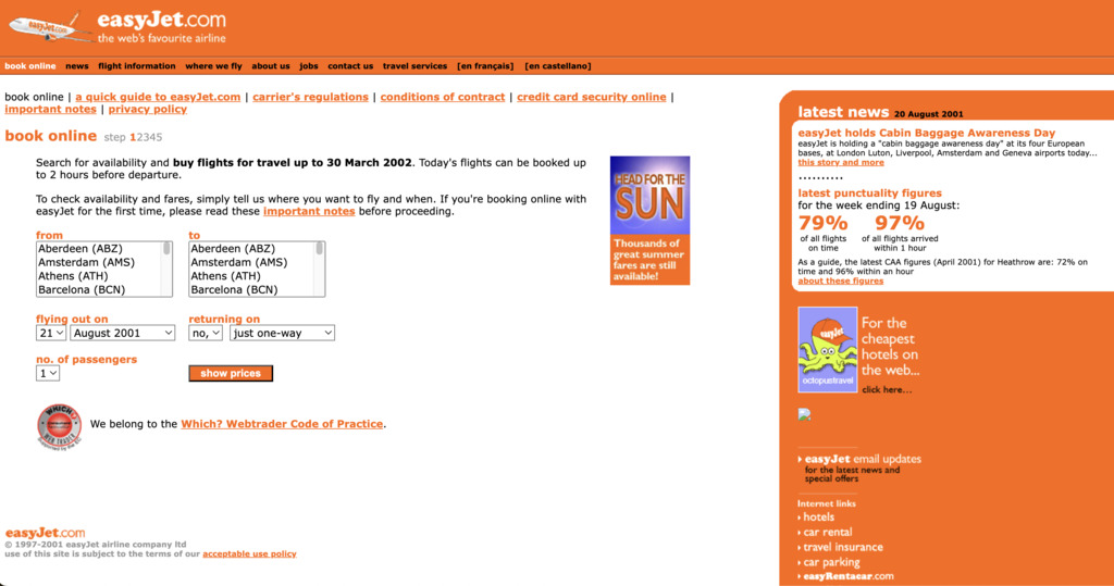 EasyJet website 2001 - Website