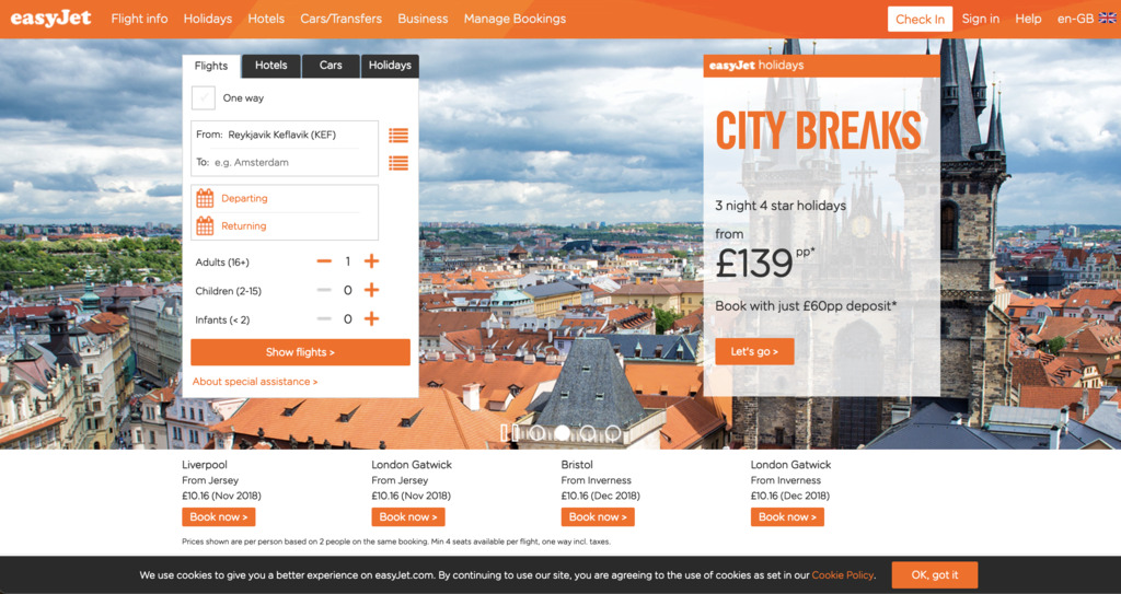 EasyJet website 2018 - Website